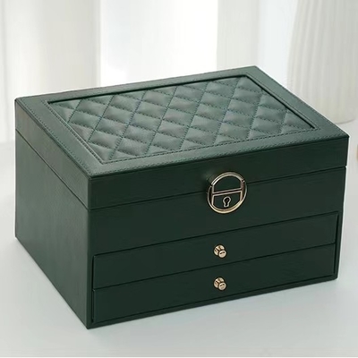 Hộp đựng đồ trang sức hình vuông Pu màu xanh lá cây sang trọng với hai ngăn kéo để làm quà tặng bộ trang sức